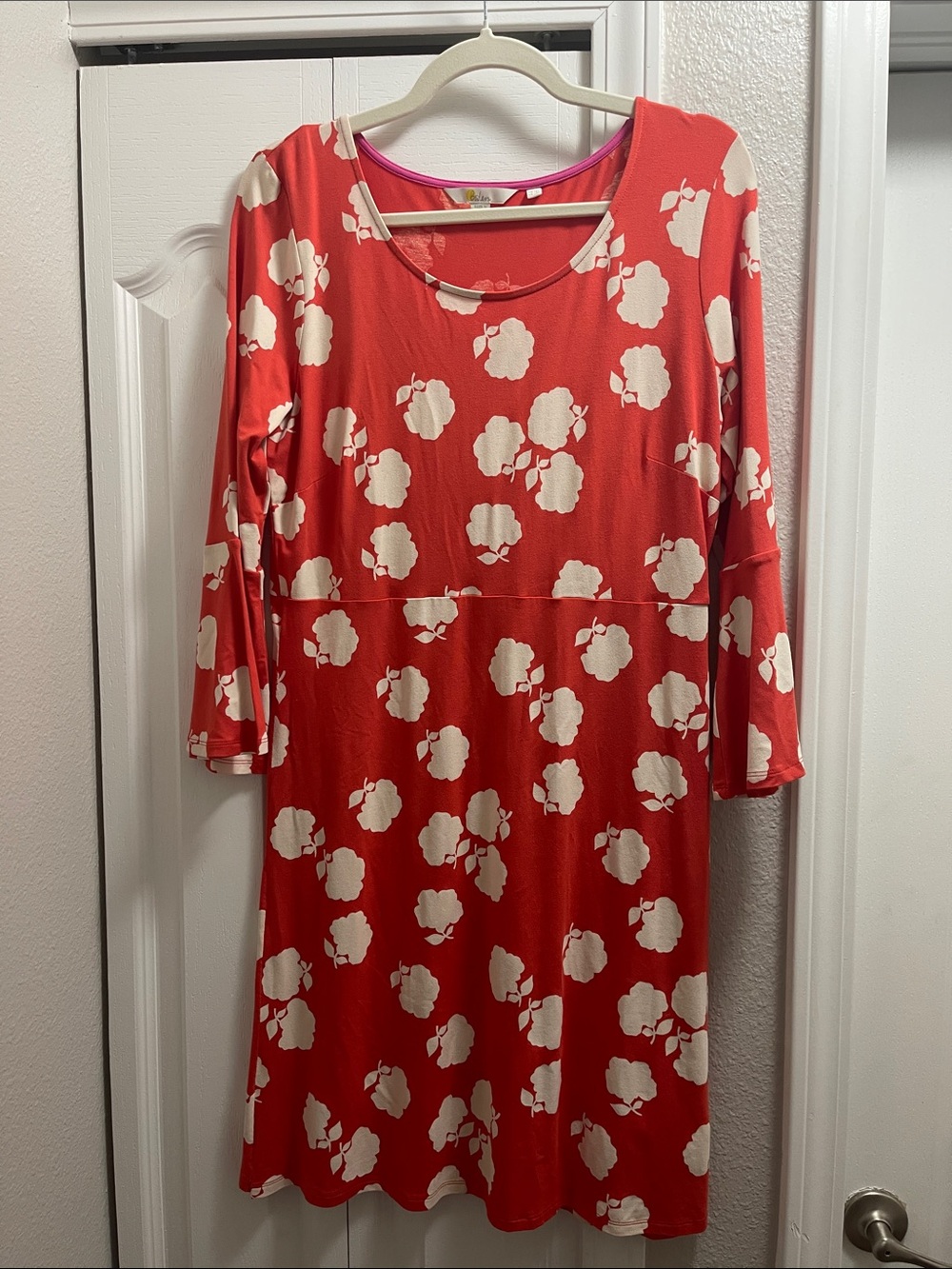 Boden Coral-Red Long Sleeve Floral Knit Dress